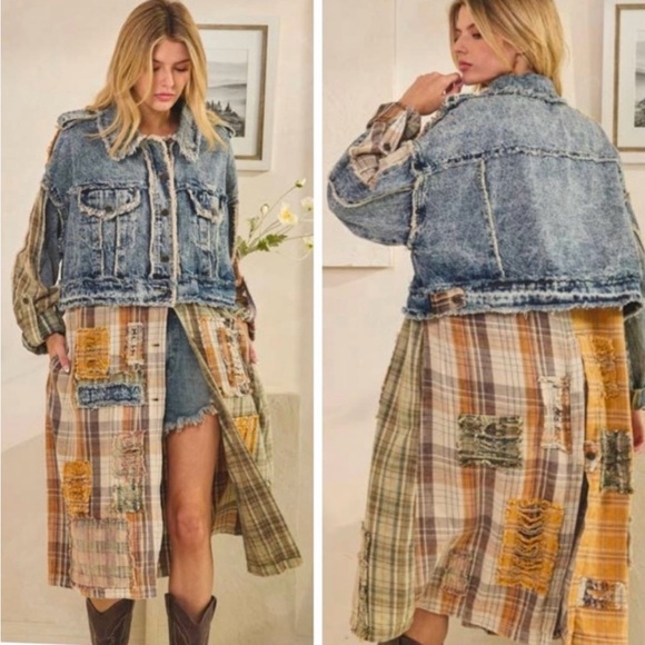 Oli & Hali Jackets & Blazers - Patchwork Denim and Plaid Long Jacket